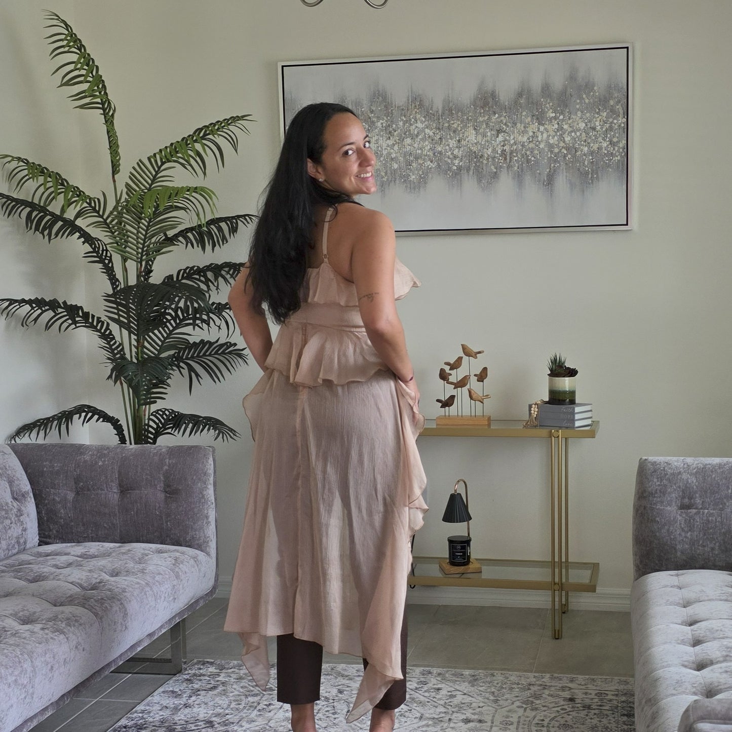 Chic ruffle light brown blouse